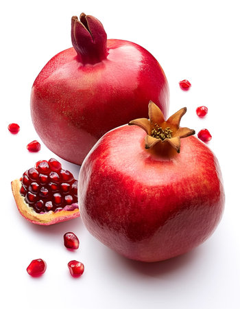 Ripe and fresh ââWhole and sliced ââPomegranate isolated on white backgroundの写真素材