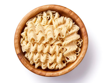 instant noodles in wooden bowl isolated on white backgroundの写真素材