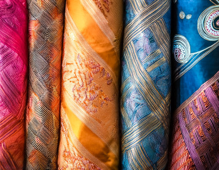 A colorful textiles with beautiful Asian batik patternsの写真素材