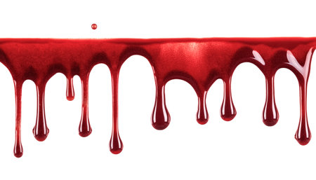 Dripping blood isolated on white background. Flowing bloody stains, splashes and dropsの写真素材