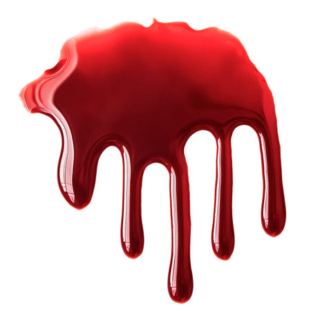 Dripping blood isolated on white background. Flowing bloody stains, splashes and dropsの写真素材