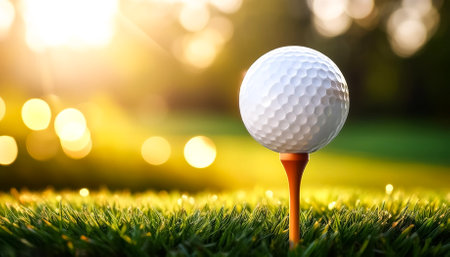 Close-up golf ball on tee with blur green bokeh backgroundの写真素材