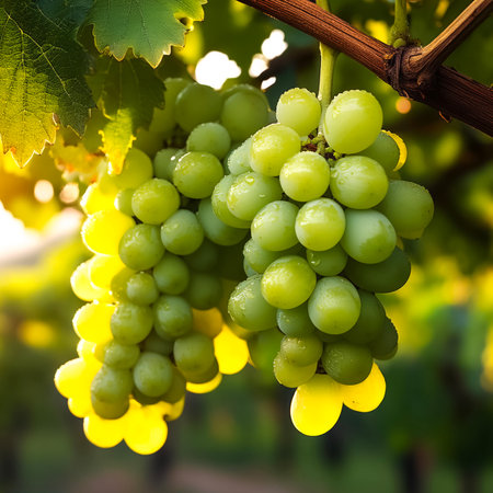 Close-up Sweet fresh green grapes fruit still hanging on the treeの写真素材