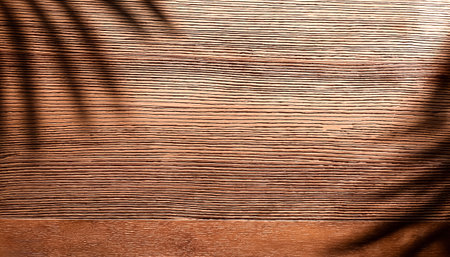 top view of soft brown table with high resolution texture and palm leafs shadows, summer table background with empty space for text or design, soft cozy sunny table backdrop, wooden texture seamlessの写真素材
