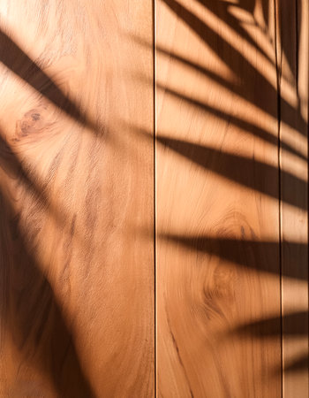 top view of soft brown table with high resolution texture and palm leaf shadows, summer table background with empty space for text or design, soft cozy sunny table backdrop, wooden texture seamlessの写真素材