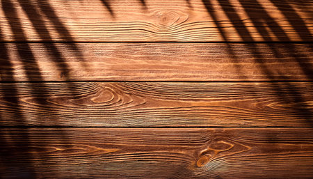 top view of soft brown table with high resolution texture and palm leafs shadows, summer table background with empty space for text or design, soft cozy sunny table backdrop, wooden texture seamlessの写真素材