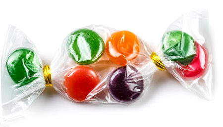 Colorful hard candies in transparent cellophane wrapping, isolated on white backgroundの写真素材