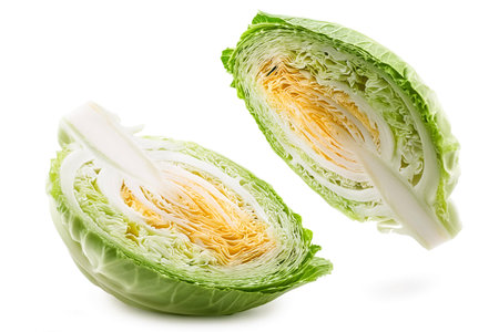 Falling cabbage slice isolated on white background, clipping path, full depth of fieldの写真素材