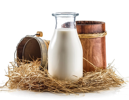 Fresh Farm Milk: Capture a rustic still-life of fresh milk in a glass bottle, surrounded by scenic farm elements like hay, barn wood, and a milk pail. on white backgroundの写真素材