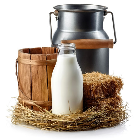 Fresh Farm Milk: Capture a rustic still-life of fresh milk in a glass bottle, surrounded by scenic farm elements like hay, barn wood, and a milk pail. on white backgroundの写真素材