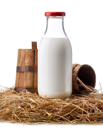 Fresh Farm Milk: Capture a rustic still-life of fresh milk in a glass bottle, surrounded by scenic farm elements like hay, barn wood, and a milk pail. on white backgroundの写真素材