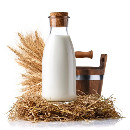 Fresh Farm Milk: Capture a rustic still-life of fresh milk in a glass bottle, surrounded by scenic farm elements like hay, barn wood, and a milk pail. on white backgroundの写真素材