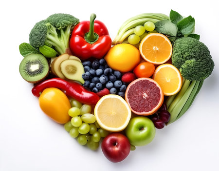 Fruits and vegetables concept, Fruits and vegetables in heart shape on white backgroundの写真素材