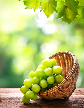 Green grape in Bamboo basket on wooden table in garden, Shine Muscat Grape with leaves in blur background.の写真素材