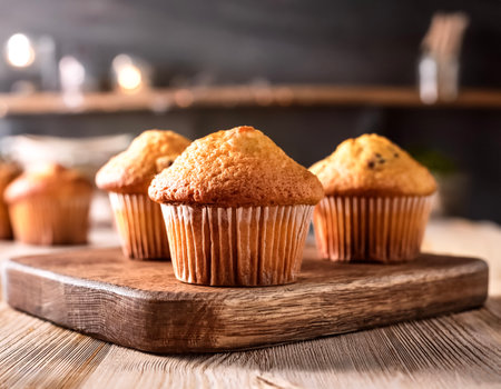 Muffins: Fluffy muffins presented on a wooden board, with a cozy bakery backgroundの写真素材