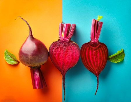 Red beetroot and beetroot cross sectoin. Full Frame, Top View. Flat lay, top view. Pop art design, creative summer concept.の写真素材