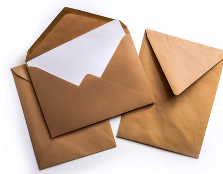 Set of brown envelopes (sealed, empty and with a blank paper inside), isolated on white backgroundの写真素材