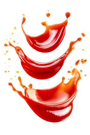 Red Tomato ketchup splash flying in air isolated on white backgroundの写真素材