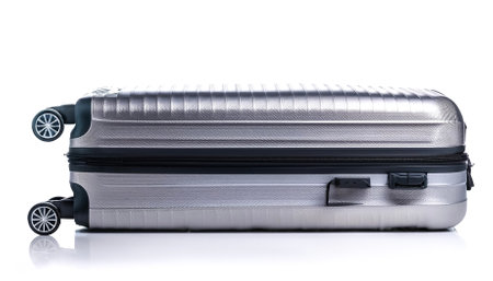 silver rolling suitcase, Isolated on a white background