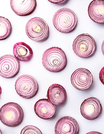 red onion slices. pattern texture background. isolated on white backgroundの写真素材