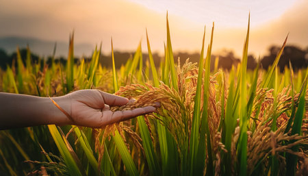 close up rice plants or paddy on plantation. close up hand selected The best rice plants or paddy are still fresh and ready to be harvested.の写真素材