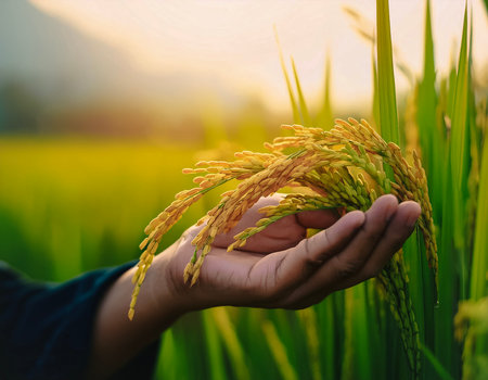 close up rice plants or paddy on plantation. close up hand selected The best rice plants or paddy are still fresh and ready to be harvested.の写真素材