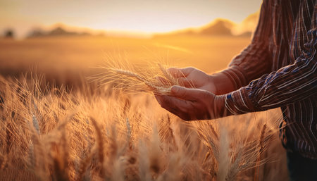 close up of plantation farmer's hands selected The best wheat plant are still fresh and ready to be harvested.の写真素材