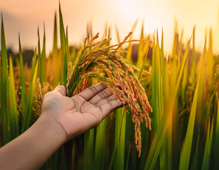 close up rice plants or paddy on plantation. close up hand selected The best rice plants or paddy are still fresh and ready to be harvested.の写真素材