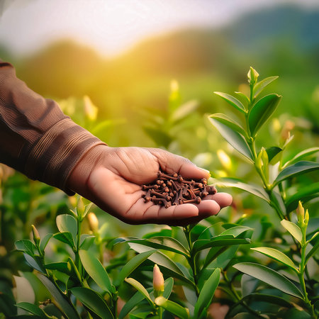 close up hand selected The best clove are still fresh and ready to be harvested.の写真素材