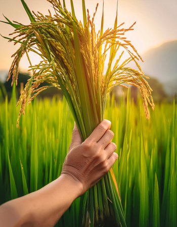 close up rice plants or paddy on plantation. close up hand selected The best rice plants or paddy are still fresh and ready to be harvested.の写真素材