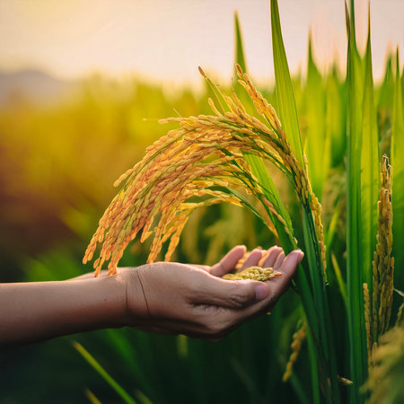 close up rice plants or paddy on plantation. close up hand selected The best rice plants or paddy are still fresh and ready to be harvested.の写真素材