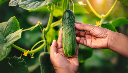 cucumber plants trees on plantation. close up hand selected The best cucumber are still fresh and ready to be harvested.の写真素材