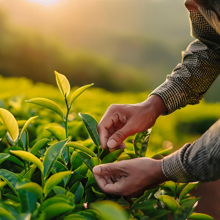 close up of plantation farmer's hands selected The best young tea leaves are still fresh and ready to be harvested.の写真素材