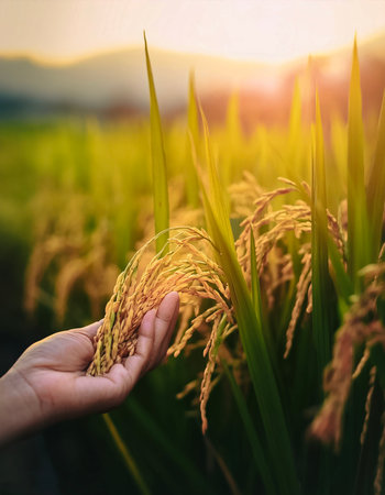 close up rice plants or paddy on plantation. close up hand selected The best rice plants or paddy are still fresh and ready to be harvested.の写真素材