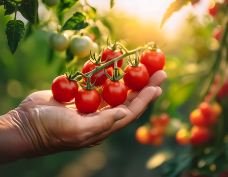 cherry tomatoes plants trees on plantation. close up hand selected The best cherry tomatoes are still fresh and ready to be harvested.の写真素材