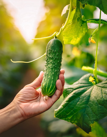 cucumber plants trees on plantation. close up hand selected The best cucumber are still fresh and ready to be harvested.の写真素材