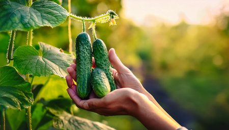 cucumber plants trees on plantation. close up hand selected The best cucumber are still fresh and ready to be harvested.の写真素材