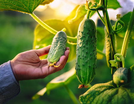 cucumber plants trees on plantation. close up hand selected The best cucumber are still fresh and ready to be harvested.の写真素材