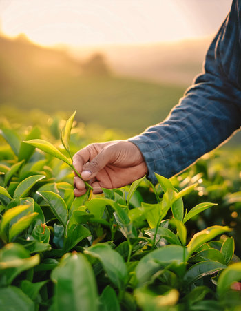 close up of plantation farmer's hands selected The best young tea leaves are still fresh and ready to be harvested.の写真素材