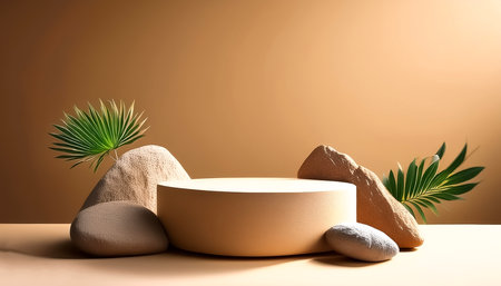 Nature scene Stone podium composition on beige brown background for cosmeticの写真素材