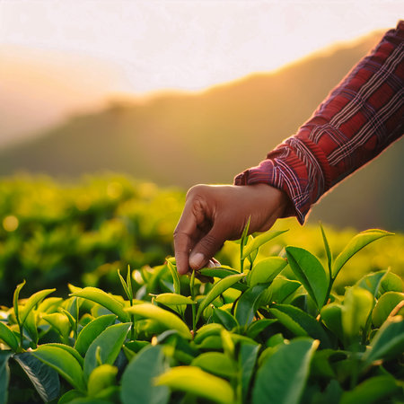 close up of plantation farmer's hands selected The best young tea leaves are still fresh and ready...