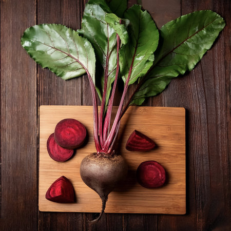 Beetroot on a wooden cutting board with slices or small pieces beside itの写真素材