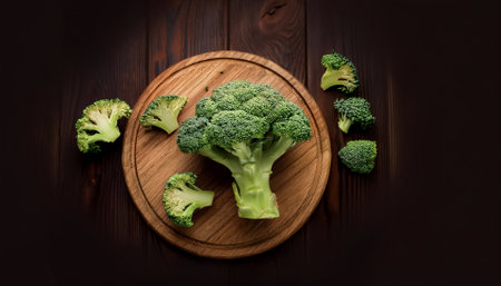Broccoli on a wooden cutting board with slices or small pieces beside itの写真素材