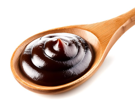ketchup or  soy sauce on a Wood Spoon isolated on white backgroundの写真素材