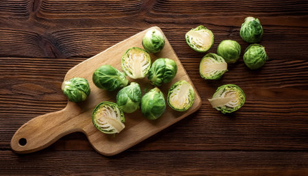 Brussels sprouts on a wooden cutting board with slices or small pieces beside itの写真素材