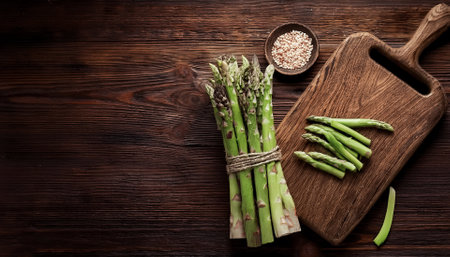 Asparagus on a wooden cutting board with slices or small pieces beside itの写真素材