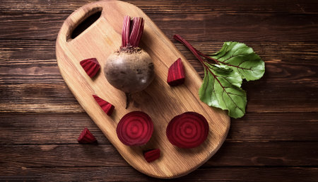 Beetroot on a wooden cutting board with slices or small pieces beside it