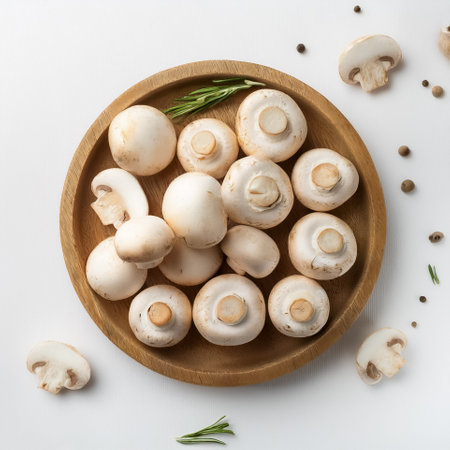 A Fresh Champignon Mushrooms on a white backgroundの写真素材