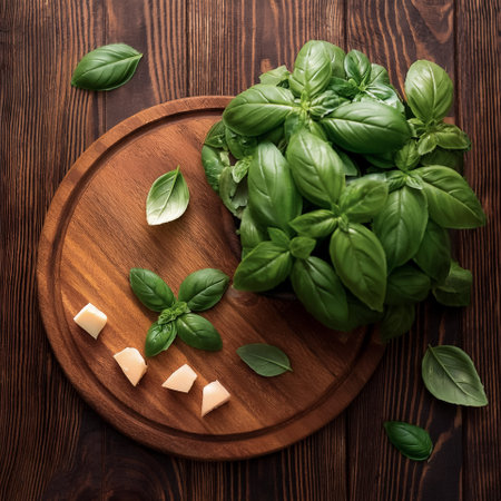Basil Leaves on a wooden cutting board with slices or small pieces beside itの写真素材
