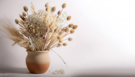 A small bouquet of dried flowers in neutral colors on a pot, giving a vintage impression, isolated white backgroundの写真素材